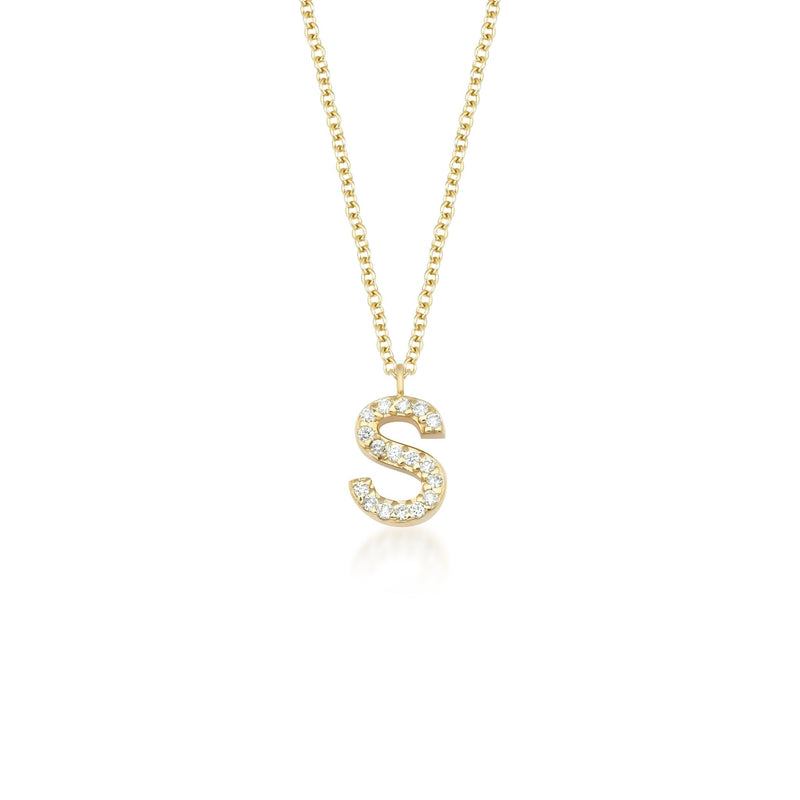 Diamond Initial Necklace, 14K Solid Yellow Gold Diamond Letter Necklace, Letter S Necklace