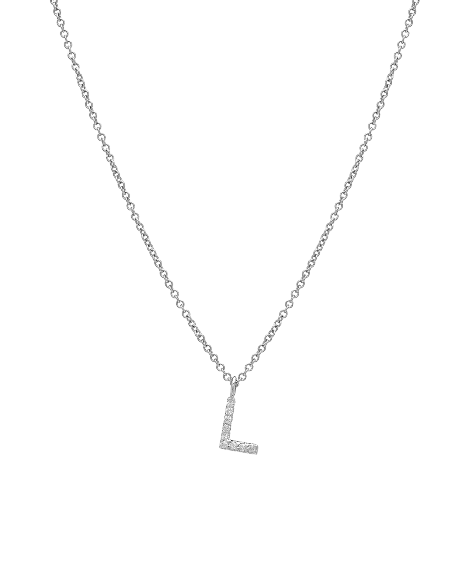 14K yellow gold diamond initial necklace with letter L pendant, 16 inches long, featuring white sparkle diamonds.