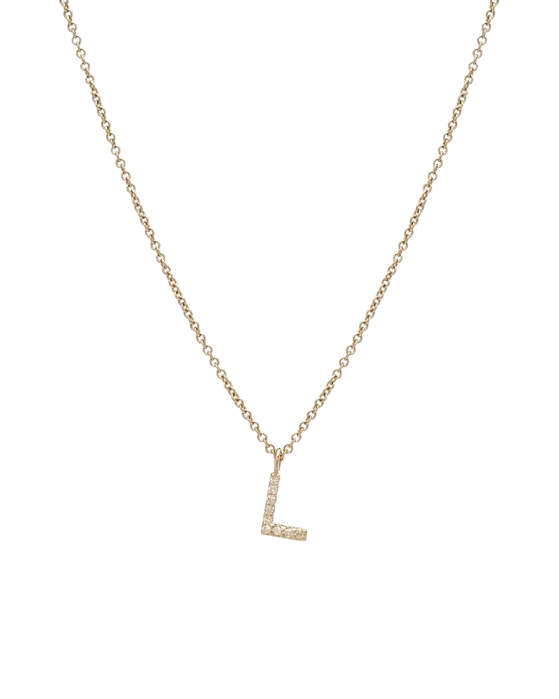 14K yellow gold initial necklace featuring diamond-studded letter L, dainty design, 16 inches in length.