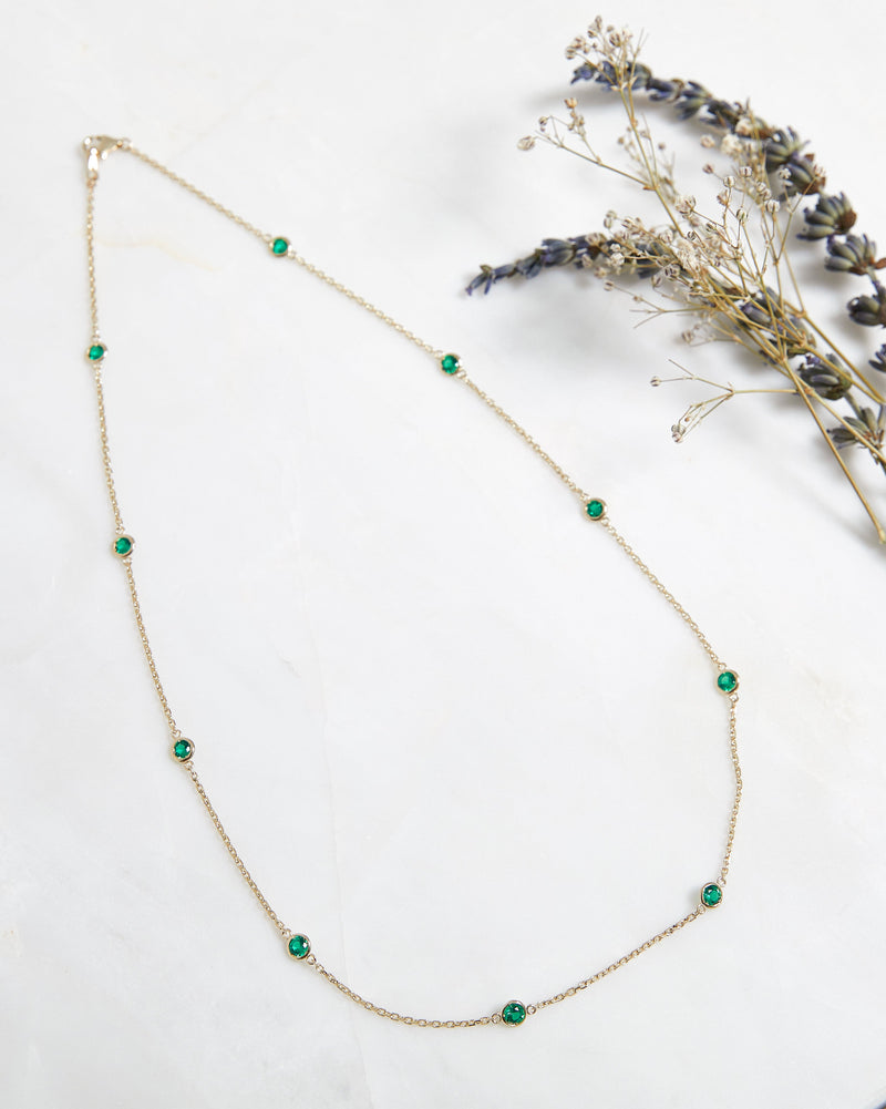 Emerald Necklace, 14K Solid Gold Emerald Station Necklace, Diamond Station Necklace, May Birthstone, Layering Necklace, Diamond by the Yard