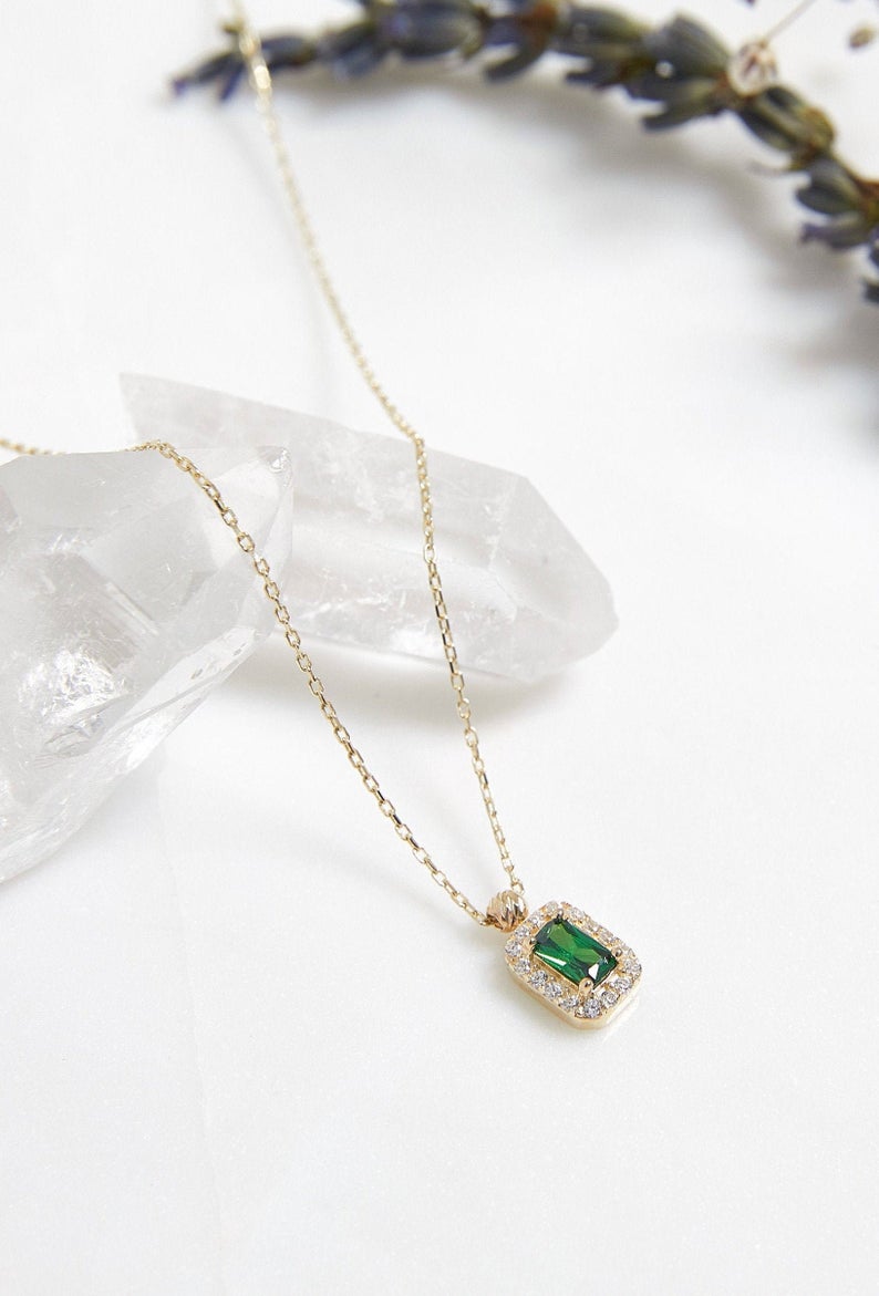 Emerald Necklace, 14K Solid Yellow Gold Emerald Necklace, Diamond CZ Emerald Necklace, Emerald Necklace, Emerald Gemstone, Mothers Day