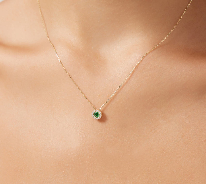 Emerald Necklace, 14K Solid Yellow Gold Solitaire Emerald Necklace, Diamond CZ Solitaire Necklace, Dainty Solitaire Emerald Necklace