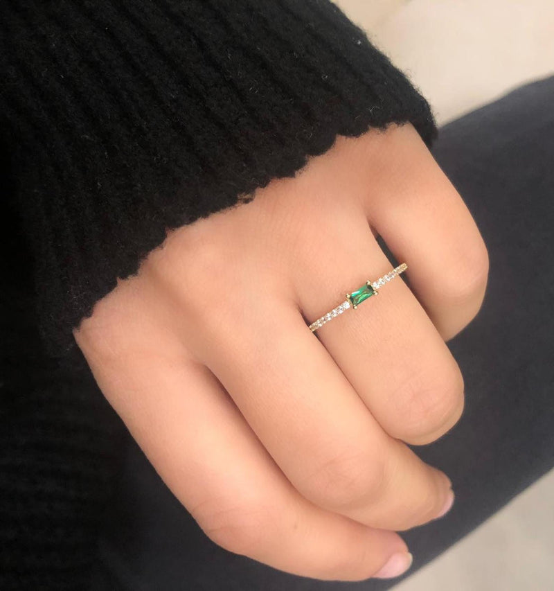 Emerald Ring, 14K Solid Yellow Gold Emerald Ring, Diamond Cz Wedding Ring, Dainty Baguette Cut Emerald Ring, Minimalist Emerald Ring