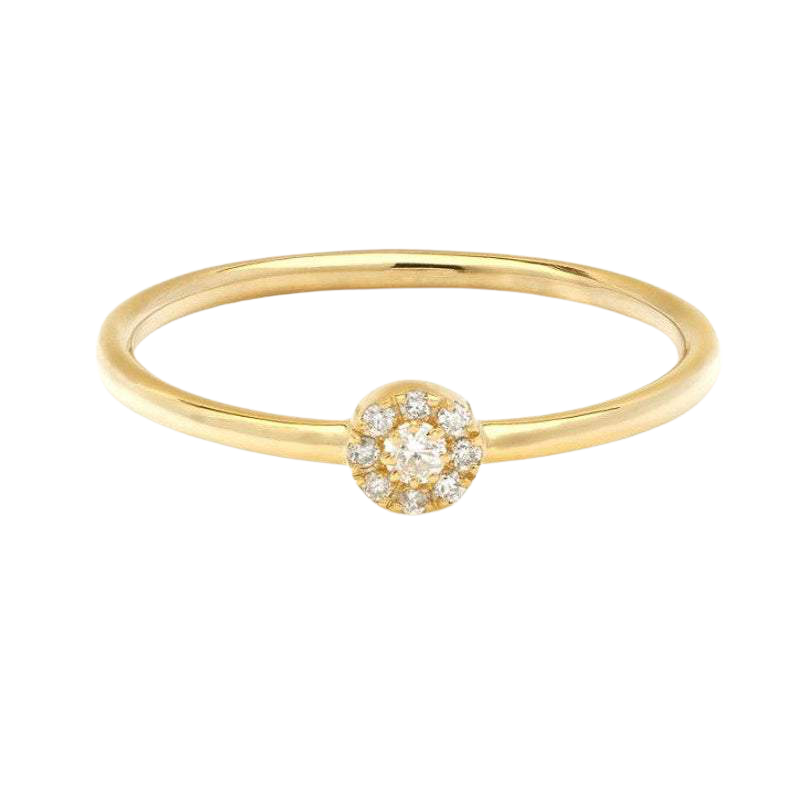 14K gold minimalist halo diamond ring with sparkling round diamonds, perfect for everyday elegance.