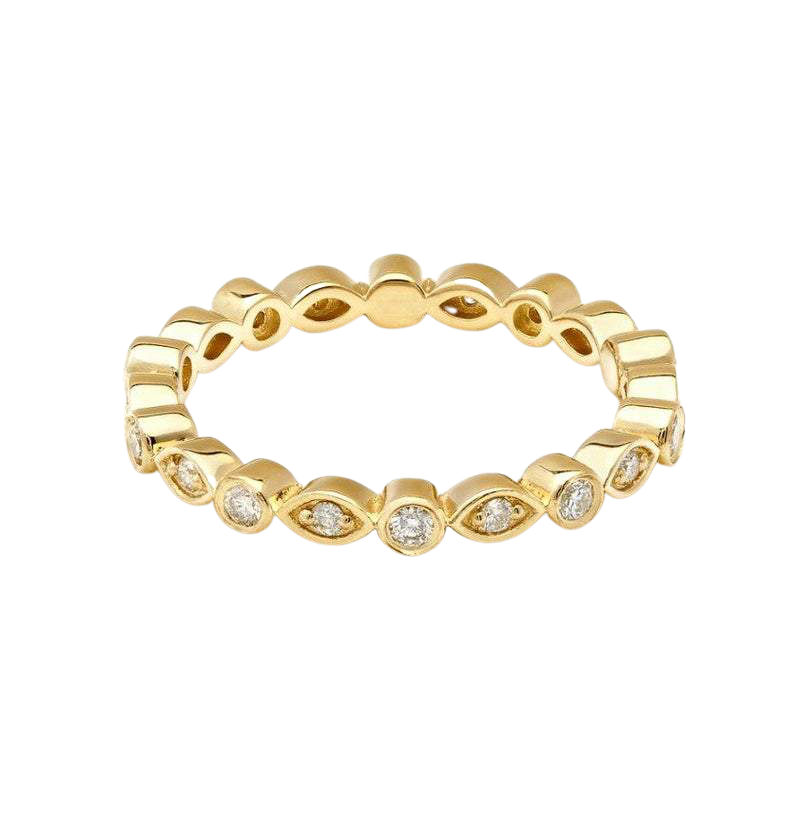 14K yellow gold women's eternity diamond wedding ring with round diamonds, shiny finish, size 4-8.
