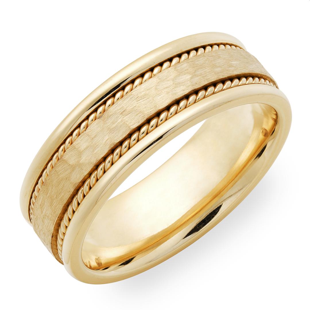 Hammered finish handmade men's wedding band in solid yellow gold with braided edges, 7mm wide, comfort fit.