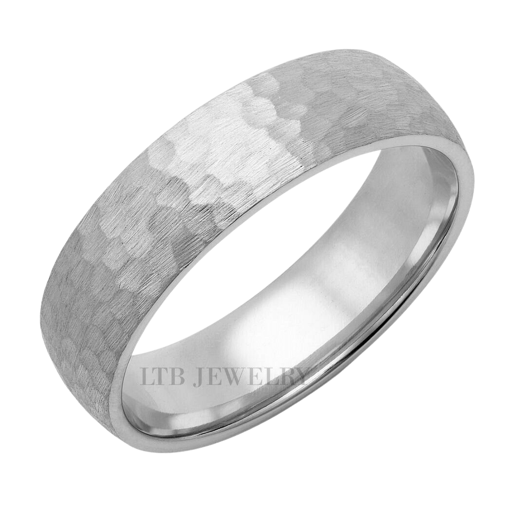 Hammered finish platinum wedding band for men, 6mm wide, comfort fitted, featuring shiny edges and unique texture.