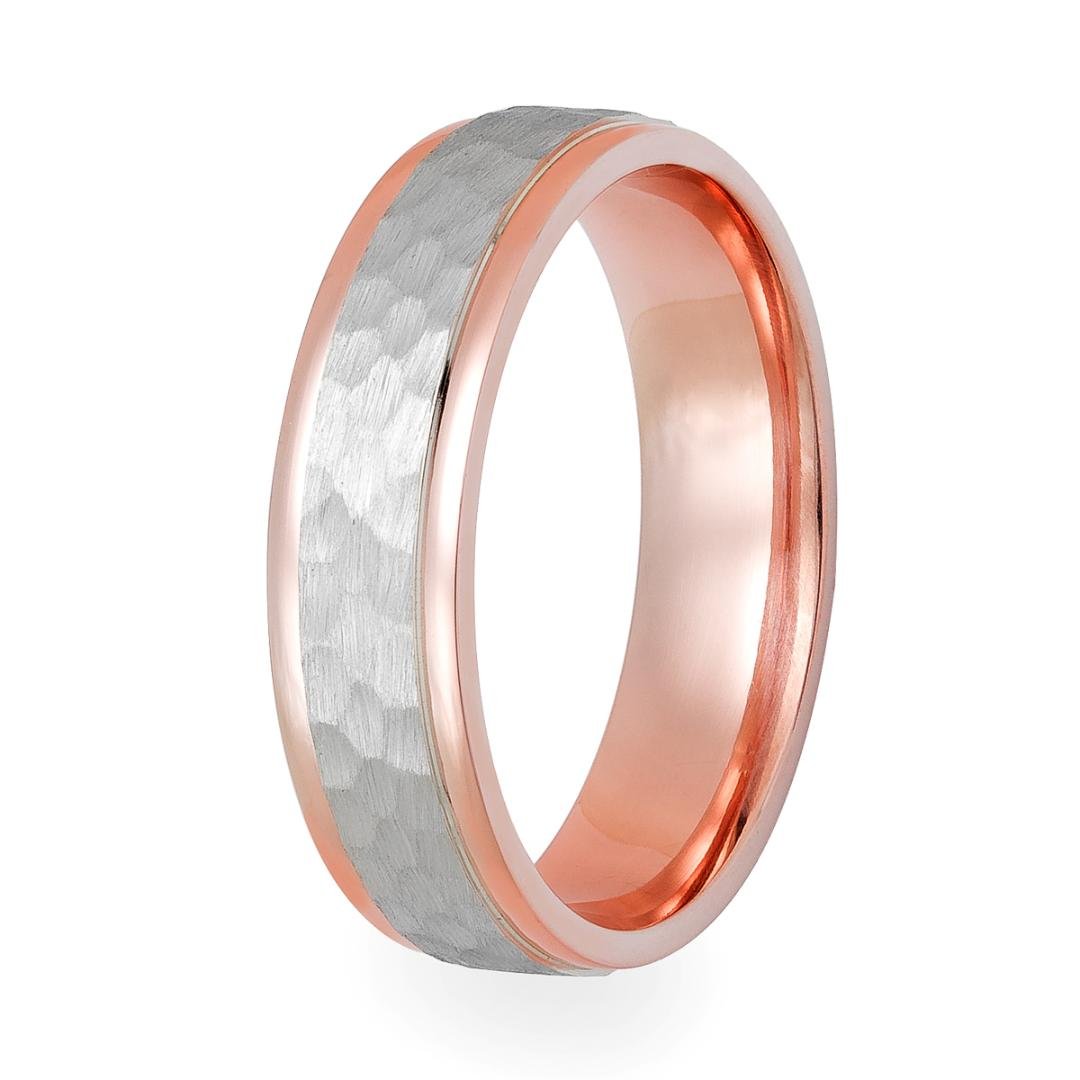 Hammered finish mens and womens wedding band in 10K rose gold and silver, 6mm comfort fit, elegant design.