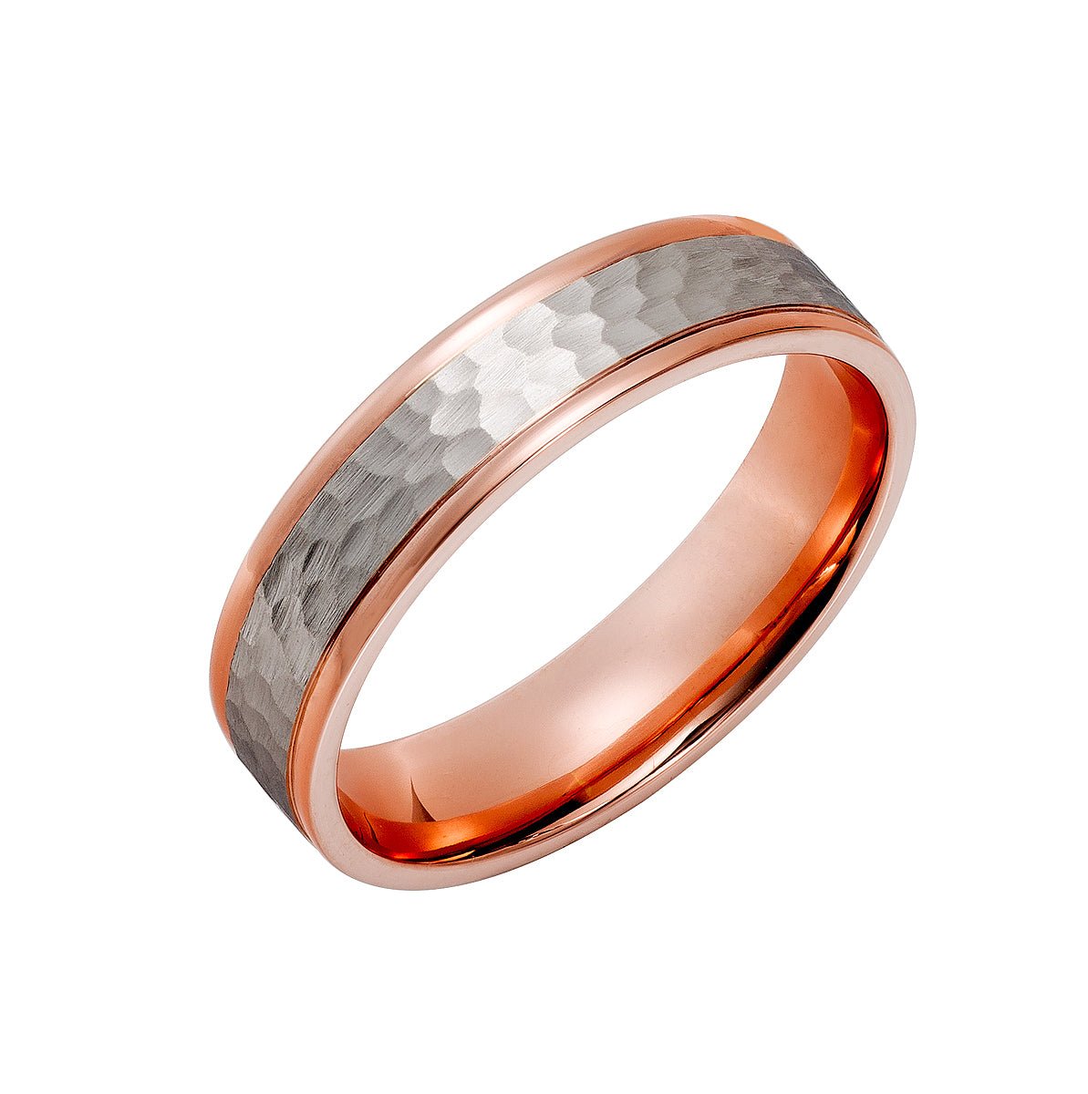 Hammered finish two tone gold wedding band with shiny rose gold edges and white gold center, 6mm wide.