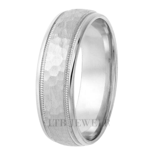 6mm 10K 14K 18K white gold mens wedding band with hammered finish and milgrain accents.