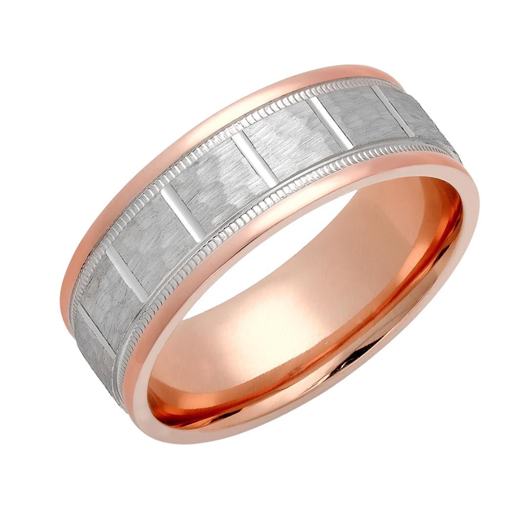 Hammered finish two-tone gold men's wedding band, 7mm wide, featuring white gold and rose gold accents.