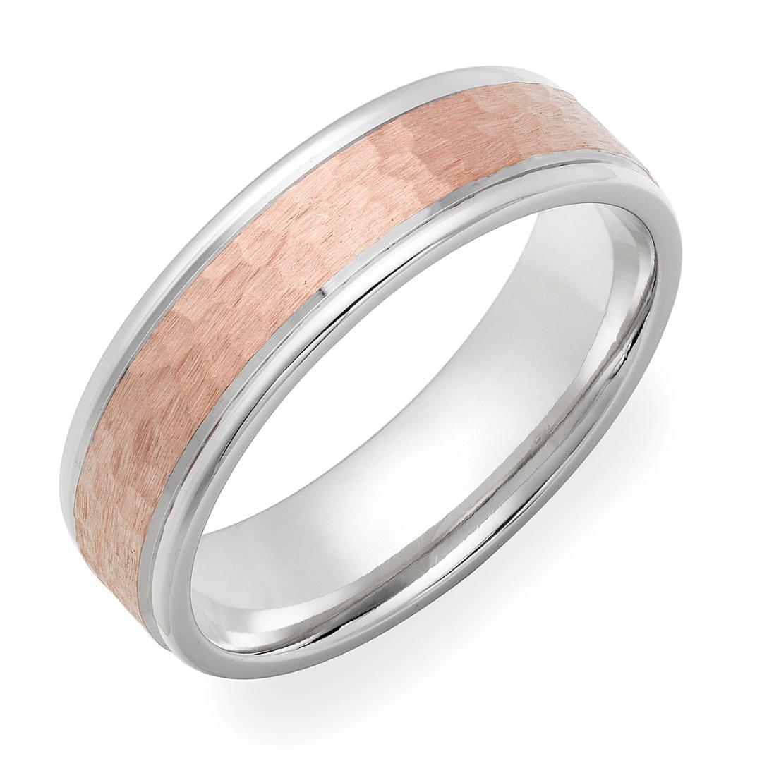 14K white and rose gold hammered finish men's wedding band, 6mm wide, comfort fit, New York made.