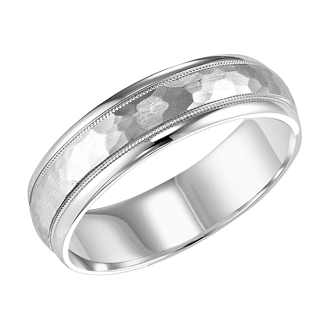 6mm white gold hammered finish men's wedding band with milgrain edges, comfort fit, available in various metals and finishes.