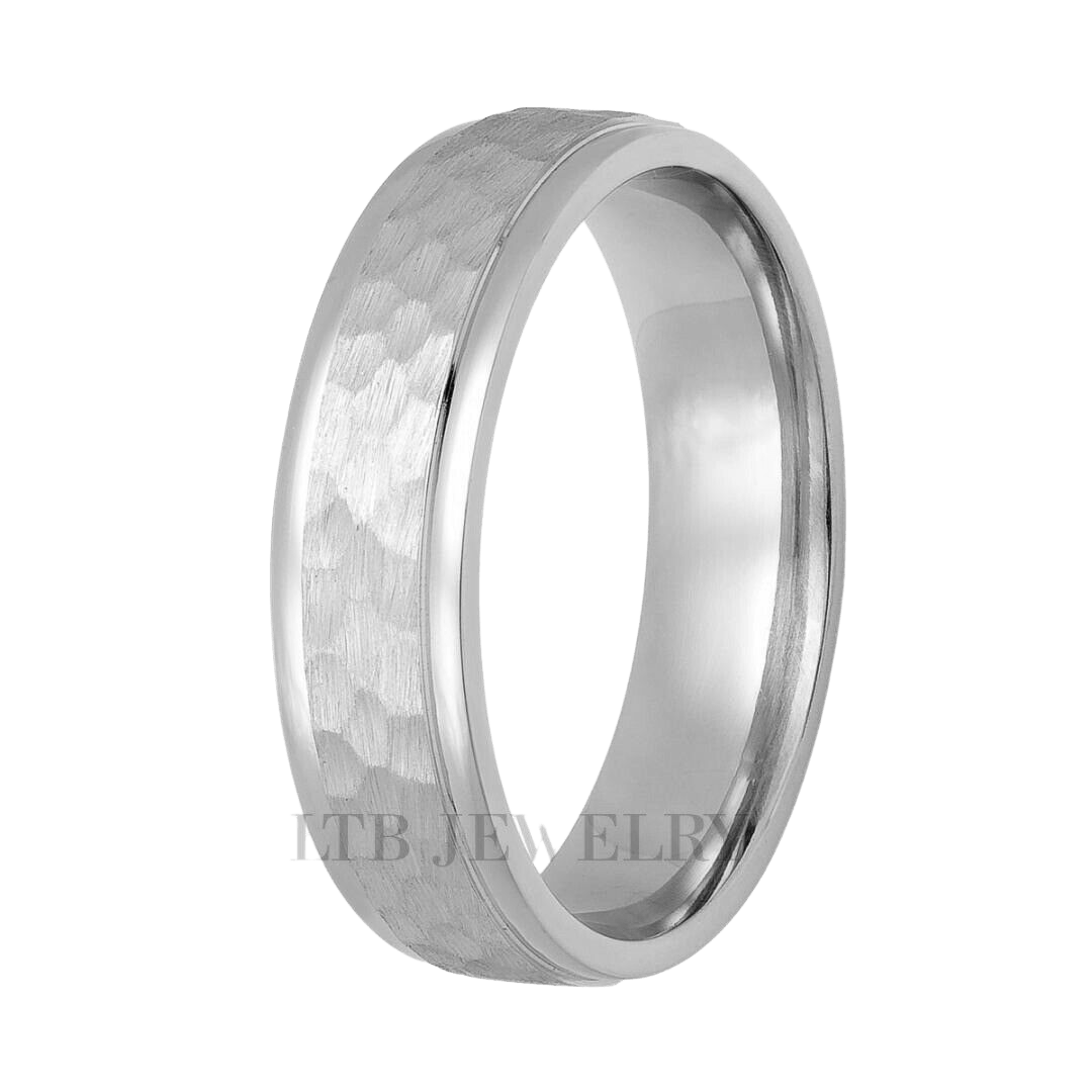 Hammered finish men's wedding ring in solid white gold, 6mm wide, comfort fit, elegant design from New York.