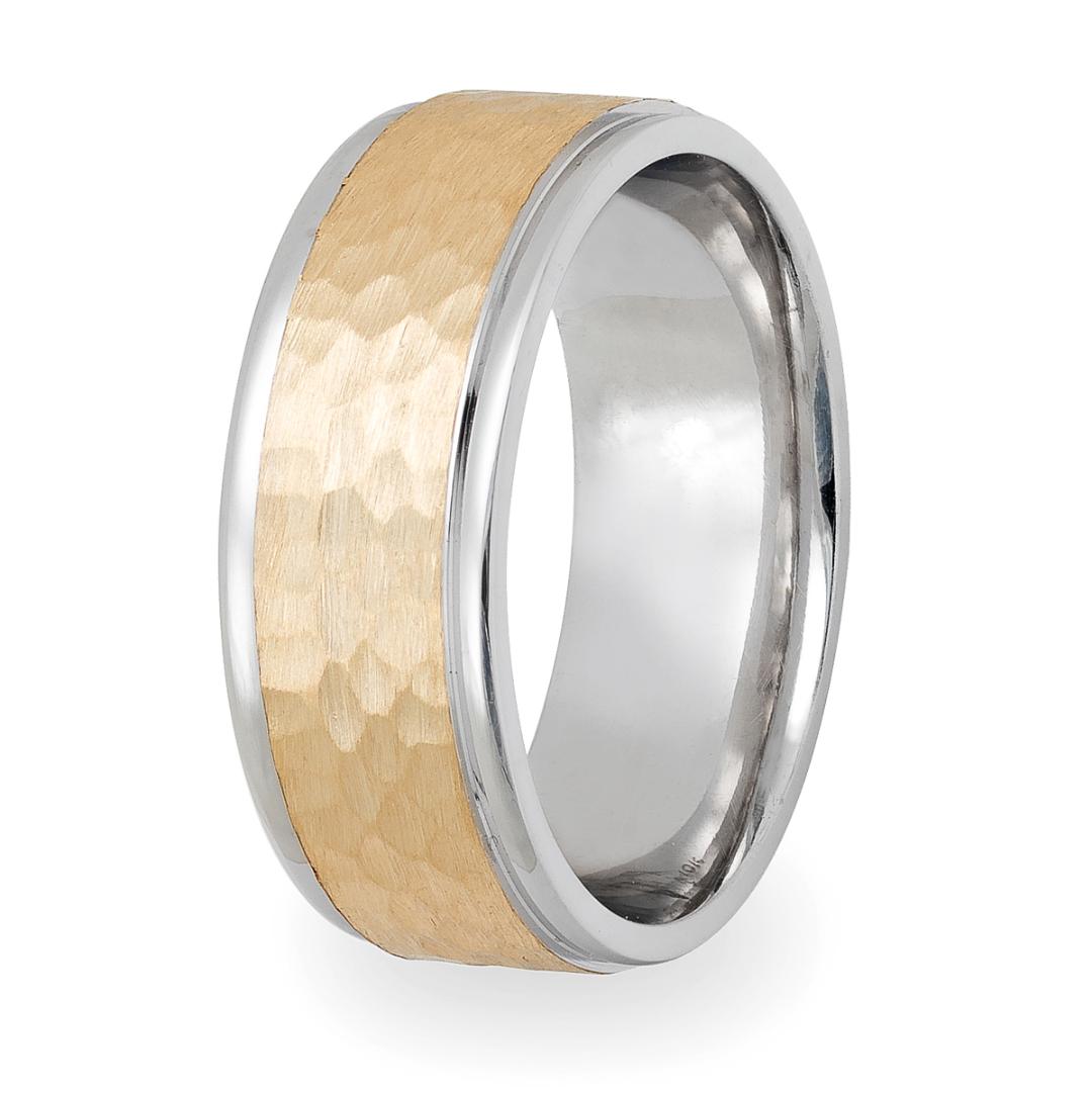 Hammered finish two-tone gold wedding band with shiny white gold edges, 7mm width, comfort fitted, handcrafted in New York.