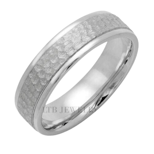 Hammered finish mens wedding band in solid white gold, 6mm wide, featuring shiny edges and comfort fit.