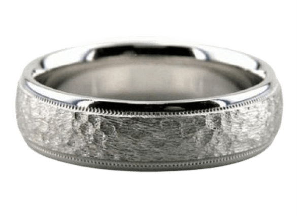 Hammered finish platinum men's wedding band with shiny edges and milgrain detail, 6mm comfort fit design.