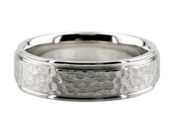 Platinum hammered finish wedding band, 6mm wide with shiny edges and comfort fit, made in New York.