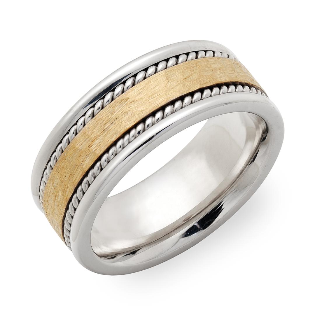 Hammered finish two-tone gold handmade men's wedding band with rope detailing, 8mm wide, comfort fit ring.
