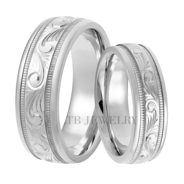 Hand Engraved His and Hers Platinum Wedding Bands
