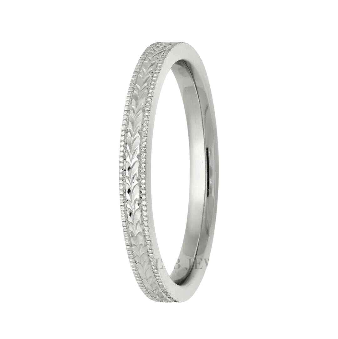Platinum hand engraved wedding band with milgrain edges and shiny finish, comfort fit design, 2.5mm width.