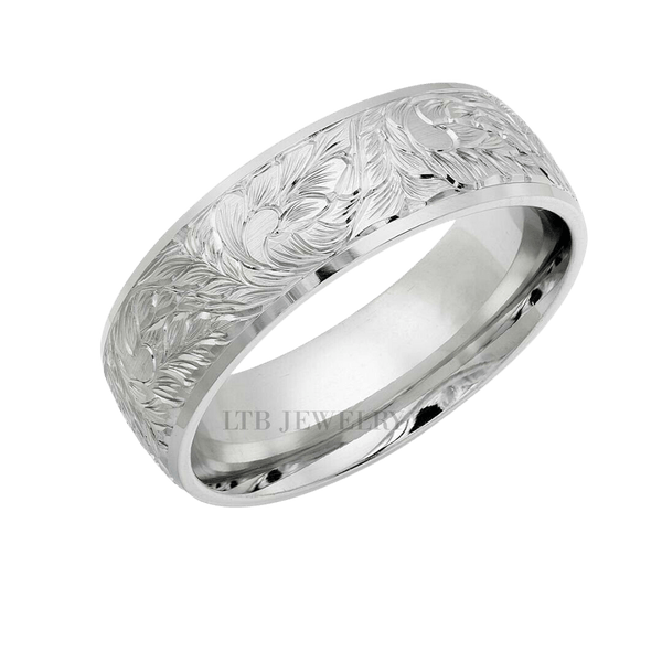 Hand Engraved Wedding Bands, 10K White Gold Hand Engrave Wedding Rings