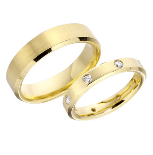 His and Hers diamond wedding rings in solid yellow gold with satin and shiny finishes.
