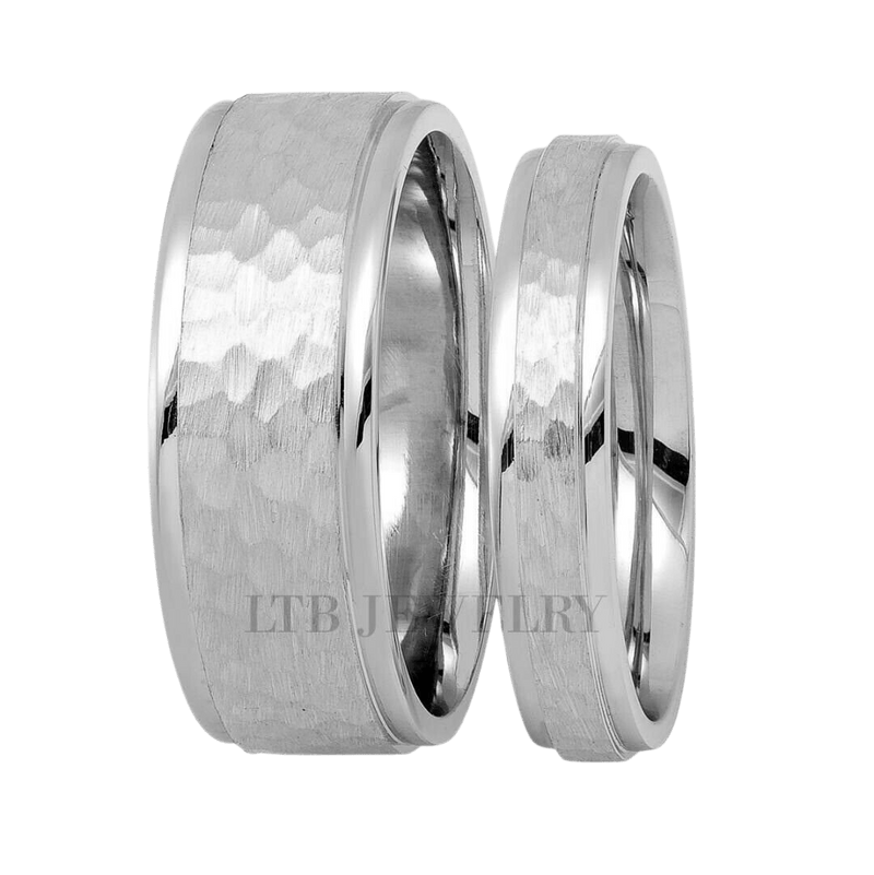 His and Hers Hammered Finish Platinum Wedding Bands
