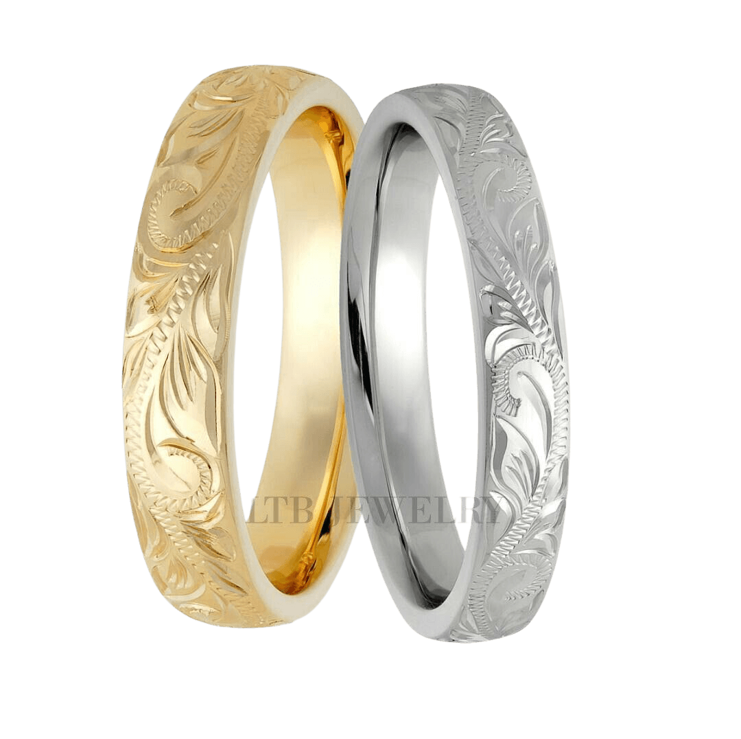 Gold and silver hand engraved wedding bands, 4mm wide, featuring intricate designs, comfort fitted, available in multiple colors.