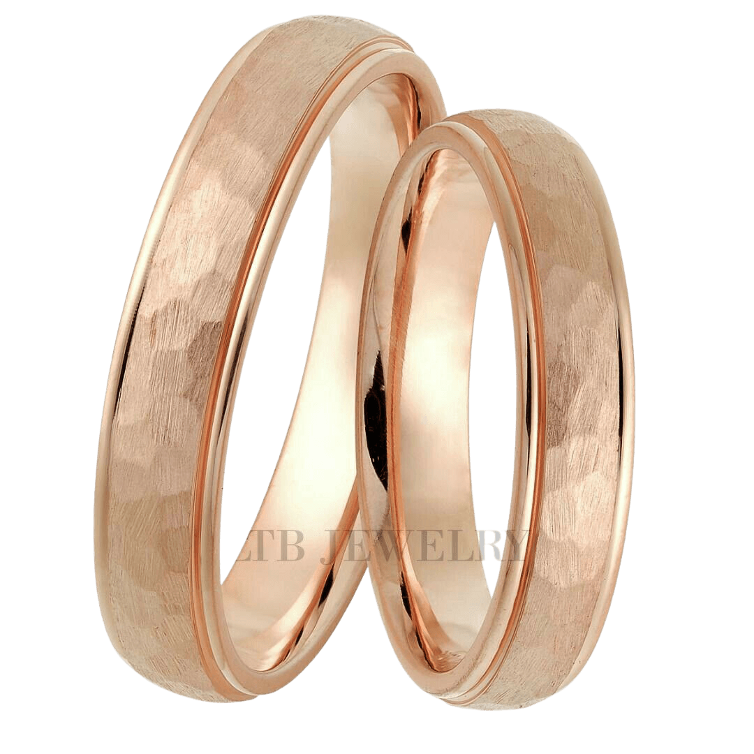 His and hers wedding bands set in 14K rose gold with hammered and shiny finishes, comfort fitted design.