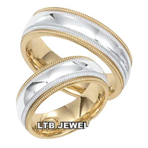 His and hers two tone gold wedding bands with shiny finish and double milgrain, available in various styles and widths.