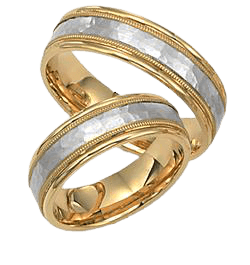 His and hers matching wedding rings set featuring hammered finish and shiny edges in two-tone gold.