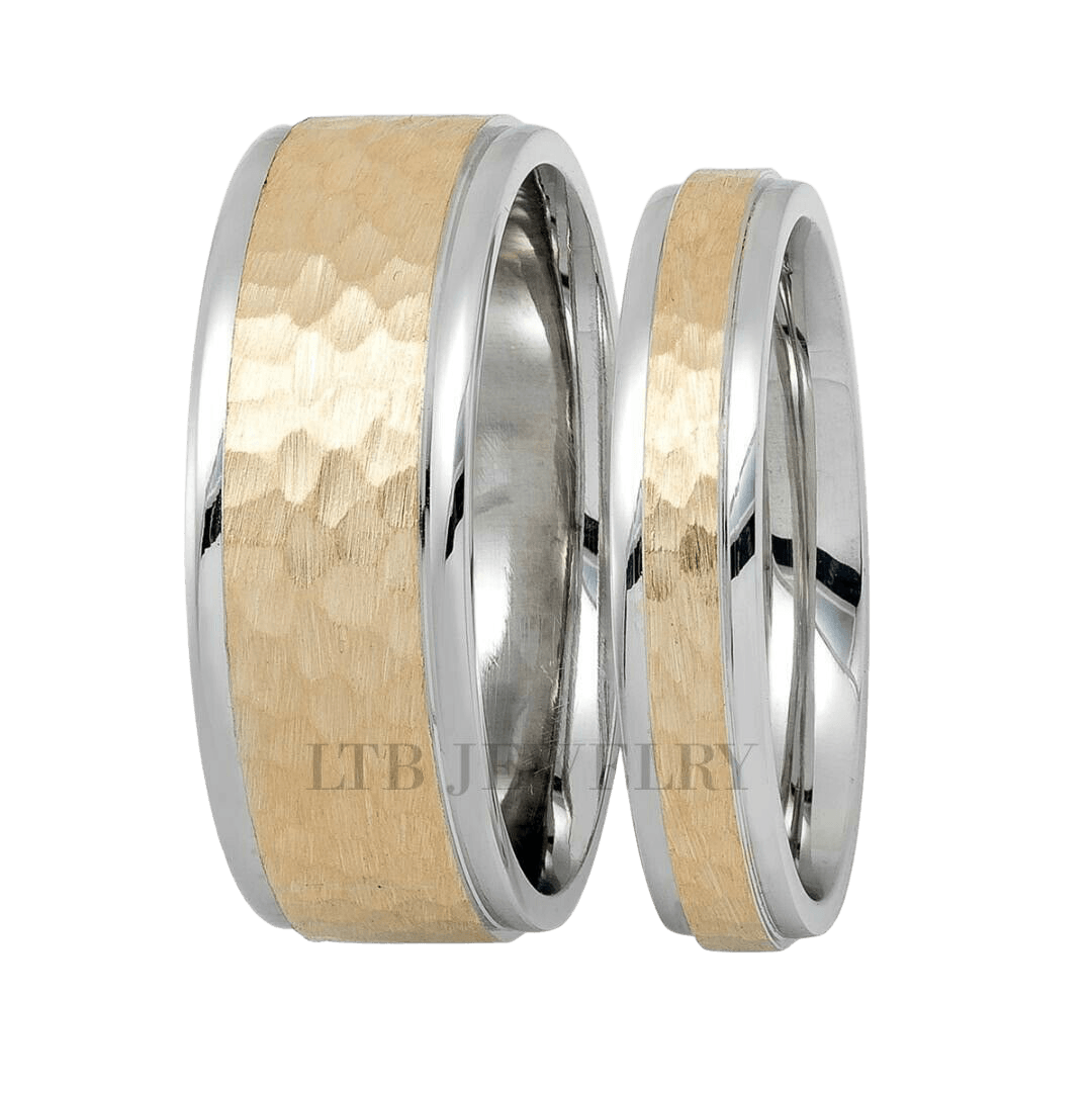 His and hers wedding bands with hammered finish in two-tone gold and shiny edges, Comfort fitted, 10K 14K 18K options.