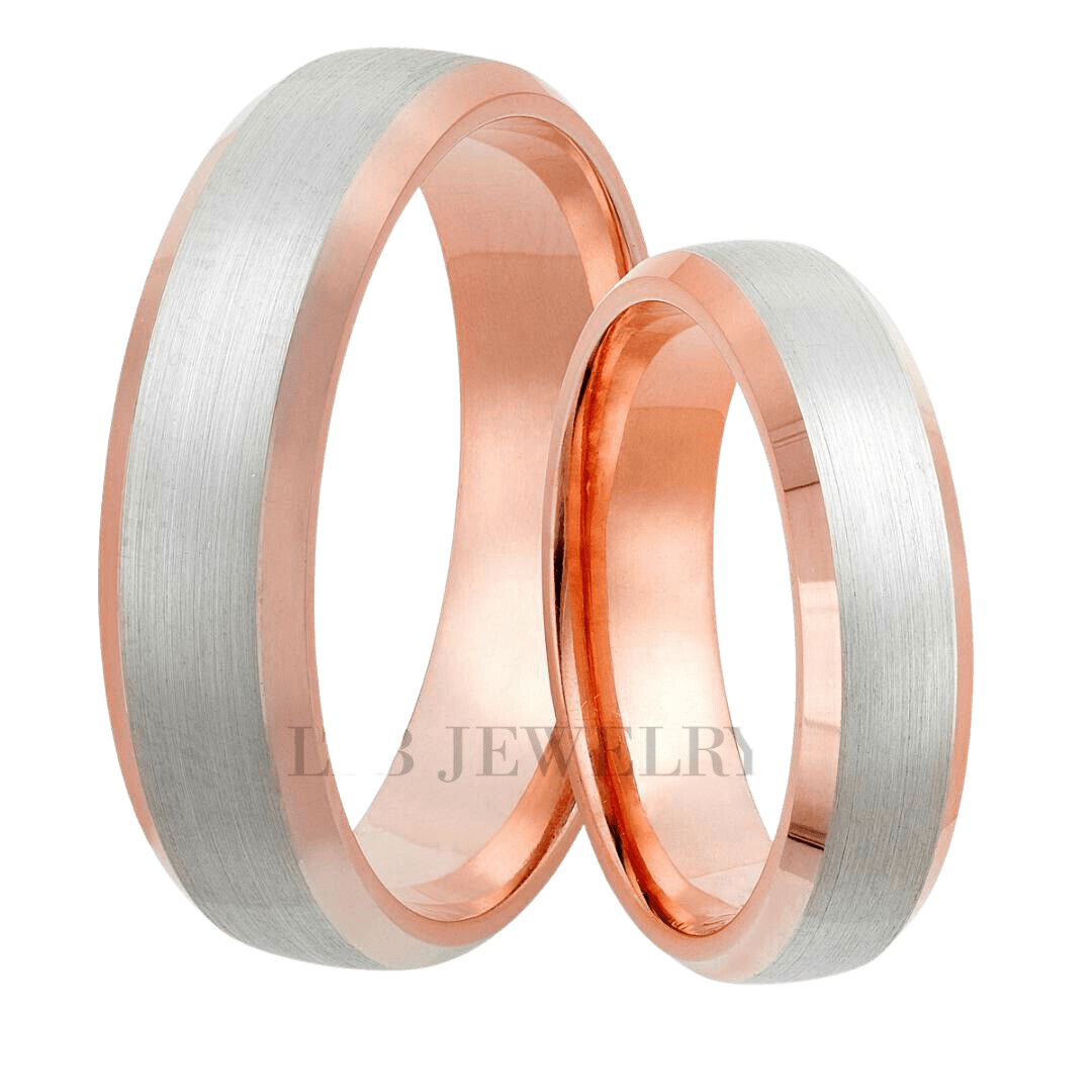 Two tone gold his and hers wedding rings featuring satin and shiny finishes, comfort fit, available in various sizes and metals.