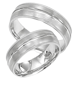 His and Hers wedding rings in solid white gold with satin finish and milgrain design, comfort fitted, 6mm wide.