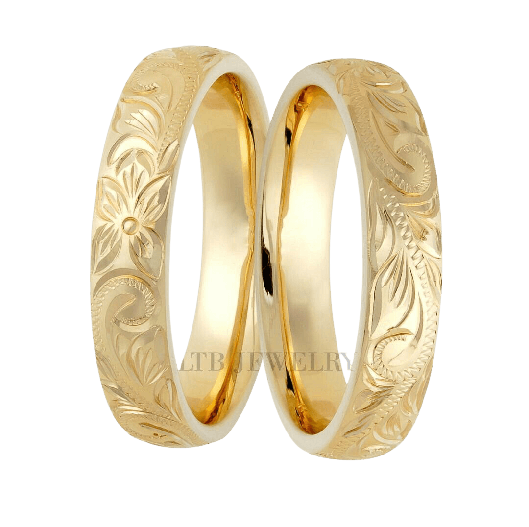 Hand engraved 4mm yellow gold his and hers wedding rings with a shiny finish, made in the USA.