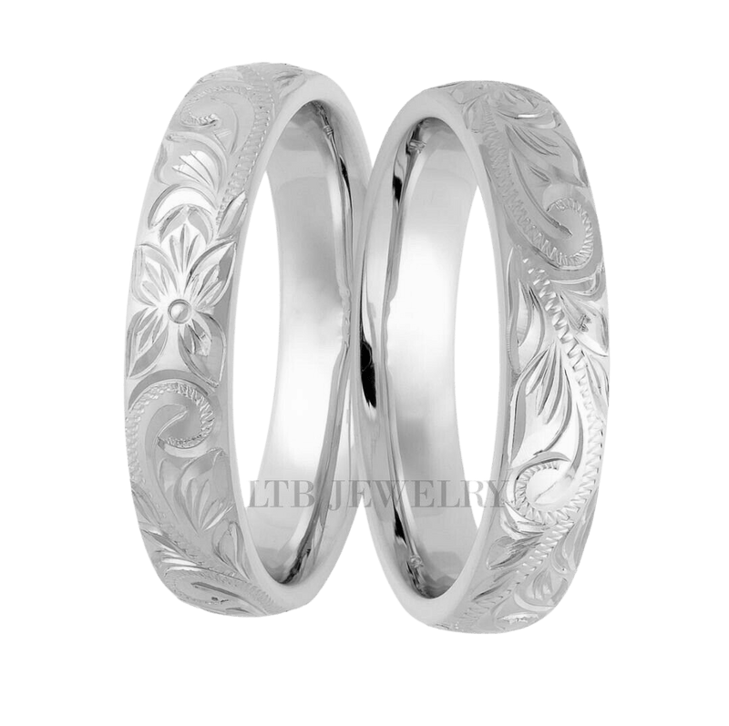 His and Hers Wedding Rings, 14K Yellow Gold Hand Engraved Wedding Bands