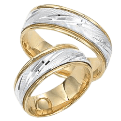 Two tone gold his and hers wedding rings in shiny finish; 10K white and yellow gold; comfort fitted and stylish design.