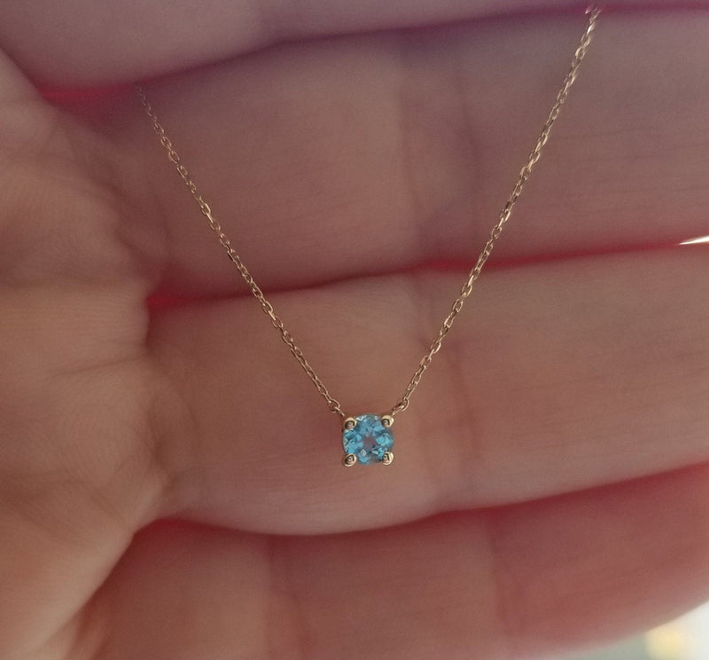 14K Solid Yellow Gold Aquamarine Necklace, 4mm Prong Setting Aquamarine Solitaire Necklace, March Birthstone, Minimalist Aquamarine Necklace, Solitaire Necklace