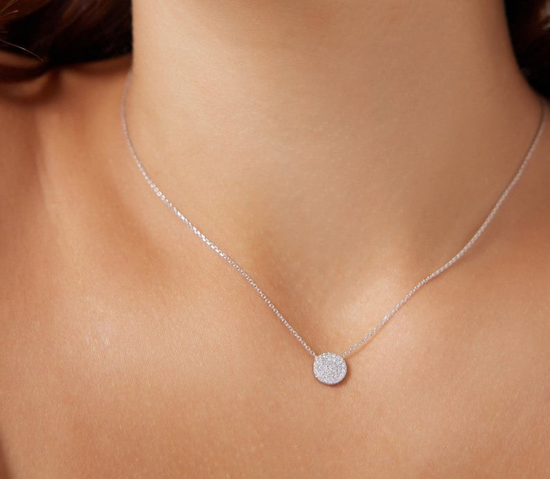 14K Solid White Gold Diamond Circle Necklace, Diamond Disk Necklace, Diamond Necklace