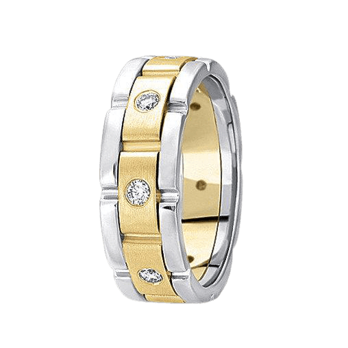 Two tone gold and silver diamond men's wedding band featuring 8 round diamonds, satin and shiny finishes.
