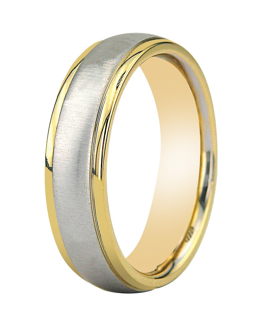 10K 14K 18K Men's wedding band in white and yellow gold with brushed and shiny finishes, 6mm comfort fit.