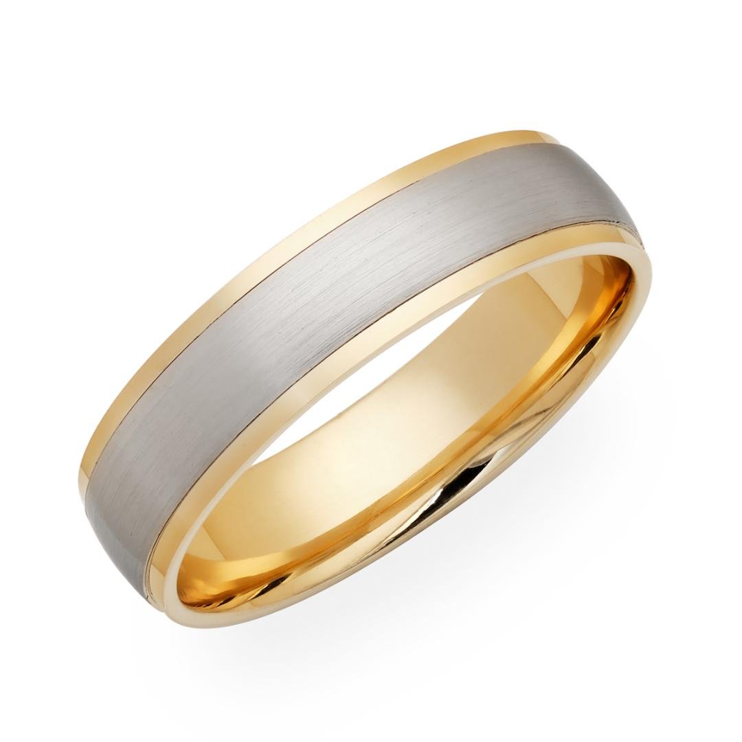 6mm solid white and yellow gold men's wedding ring with satin and shiny finishes, comfort fit design, made in New York.