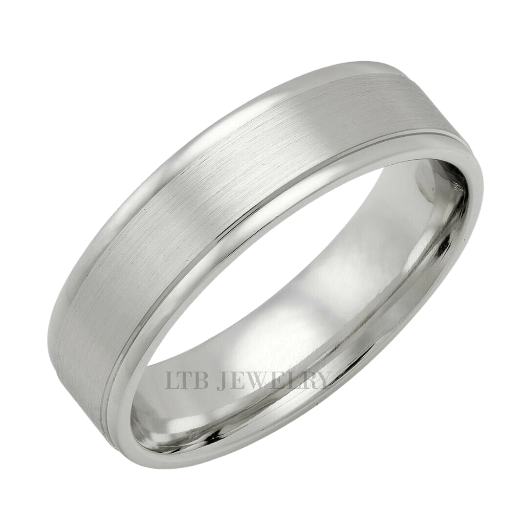 6mm white gold wedding band featuring a satin finish center and shiny edges, perfect for men's comfort.