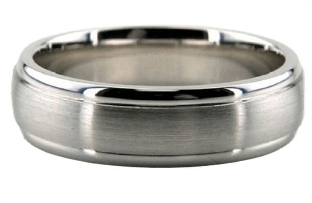 Satin finished white gold men's wedding band, 6mm wide, comfort fit, available in various widths and finishes.