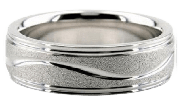 Men's 10K 14K 18K solid white gold wedding band with stone finish and shiny wave design, comfort fitted.