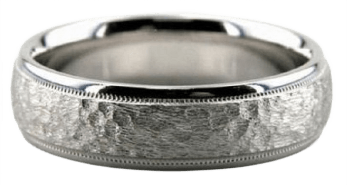 Solid white gold hammered finish mens wedding band with shiny edges and milgrain detail, 6mm wide.