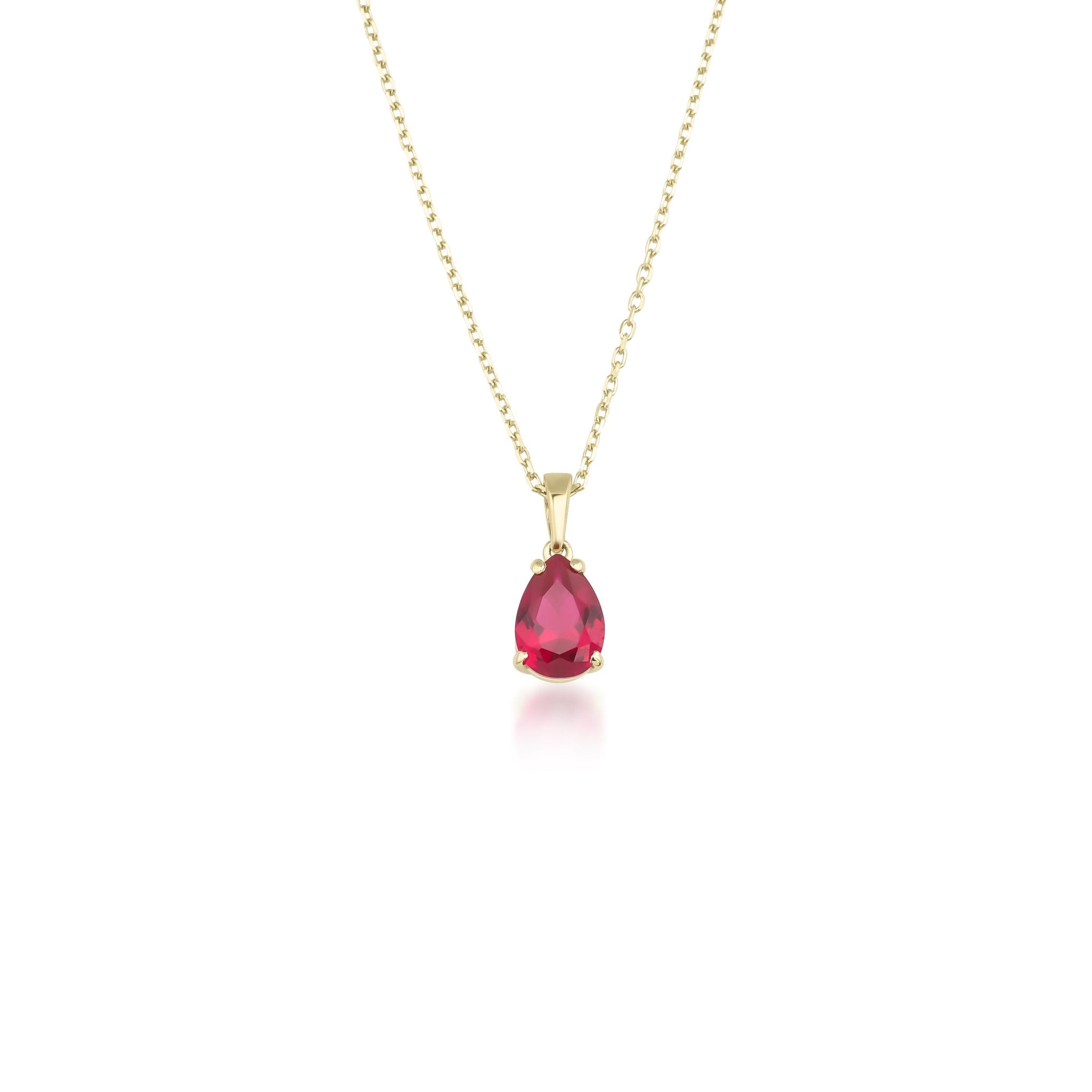 14K gold pear shape ruby solitaire necklace with 1 carat ruby pendant, perfect for everyday elegance.