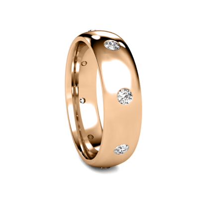 Plain dome diamond wedding band in rose gold with round brilliant cut diamonds, 6mm comfort fit design.