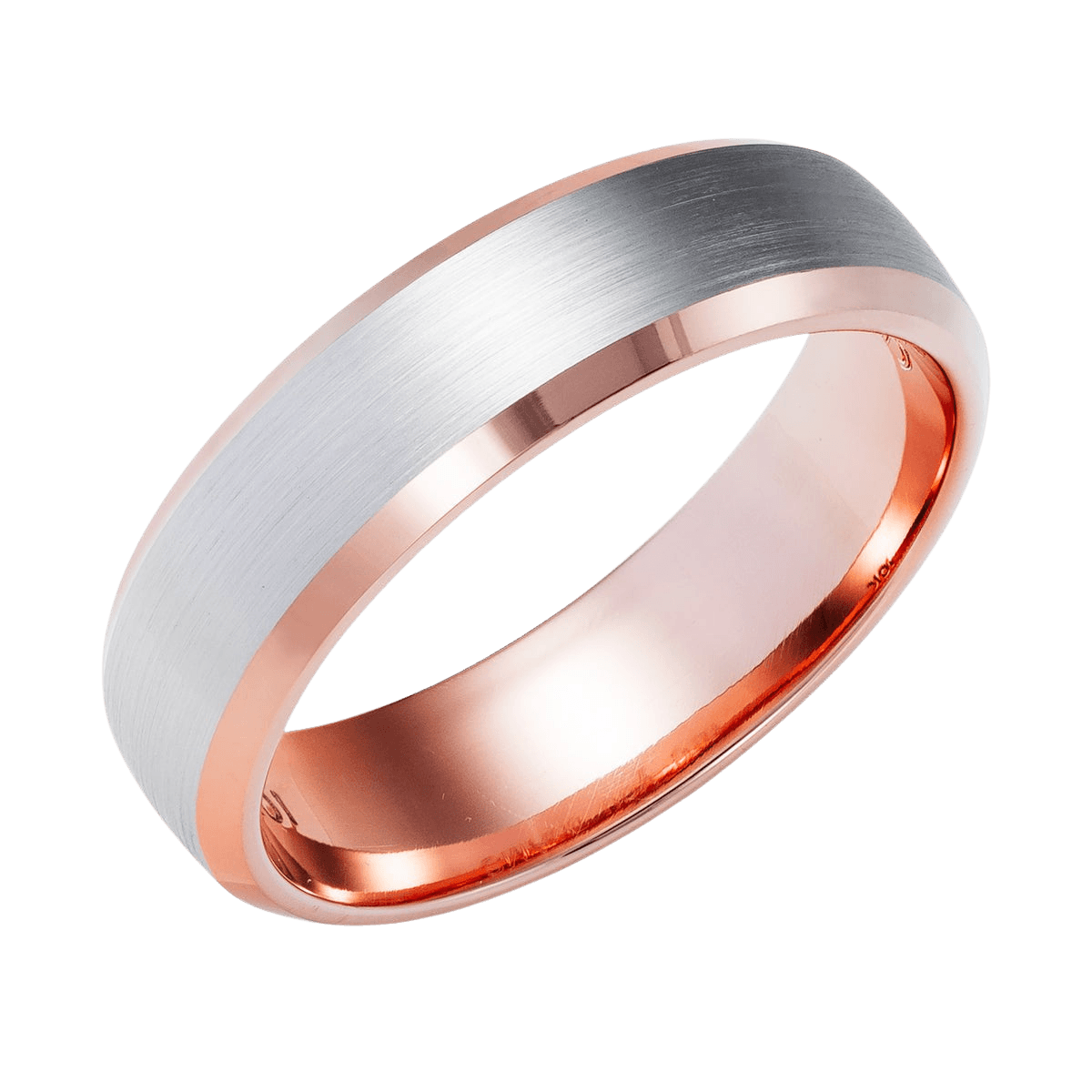 14K solid rose gold and platinum wedding band, 6mm wide, satin finish center, shiny edges, comfort fit, made in New York.